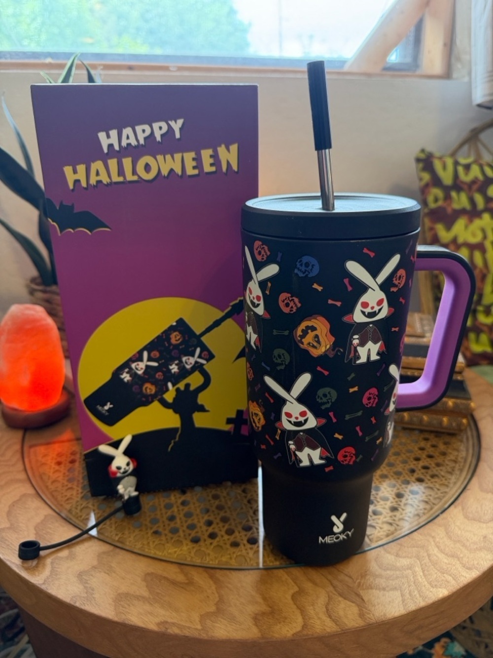 Black & Purple Halloween Bunny Travel Tumbler with Straw